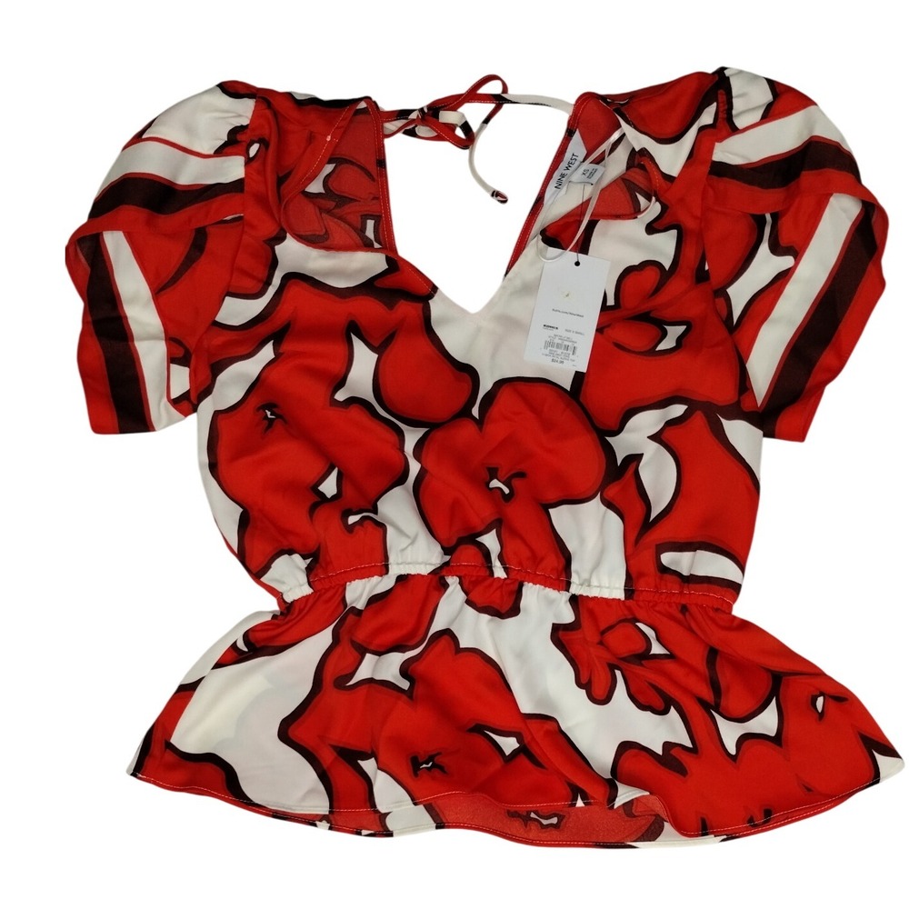 Nine West Floral Blouse V-Neck Tie Back Puff Sleeve‎ Top Red White XS